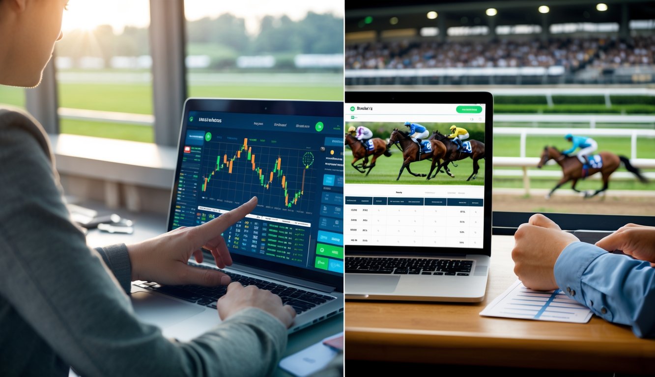 Seseorang menggunakan perangkat digital untuk taruhan pacuan kuda di sebelah kiri, dan orang lain memasang taruhan secara langsung di arena pacuan kuda di sebelah kanan.