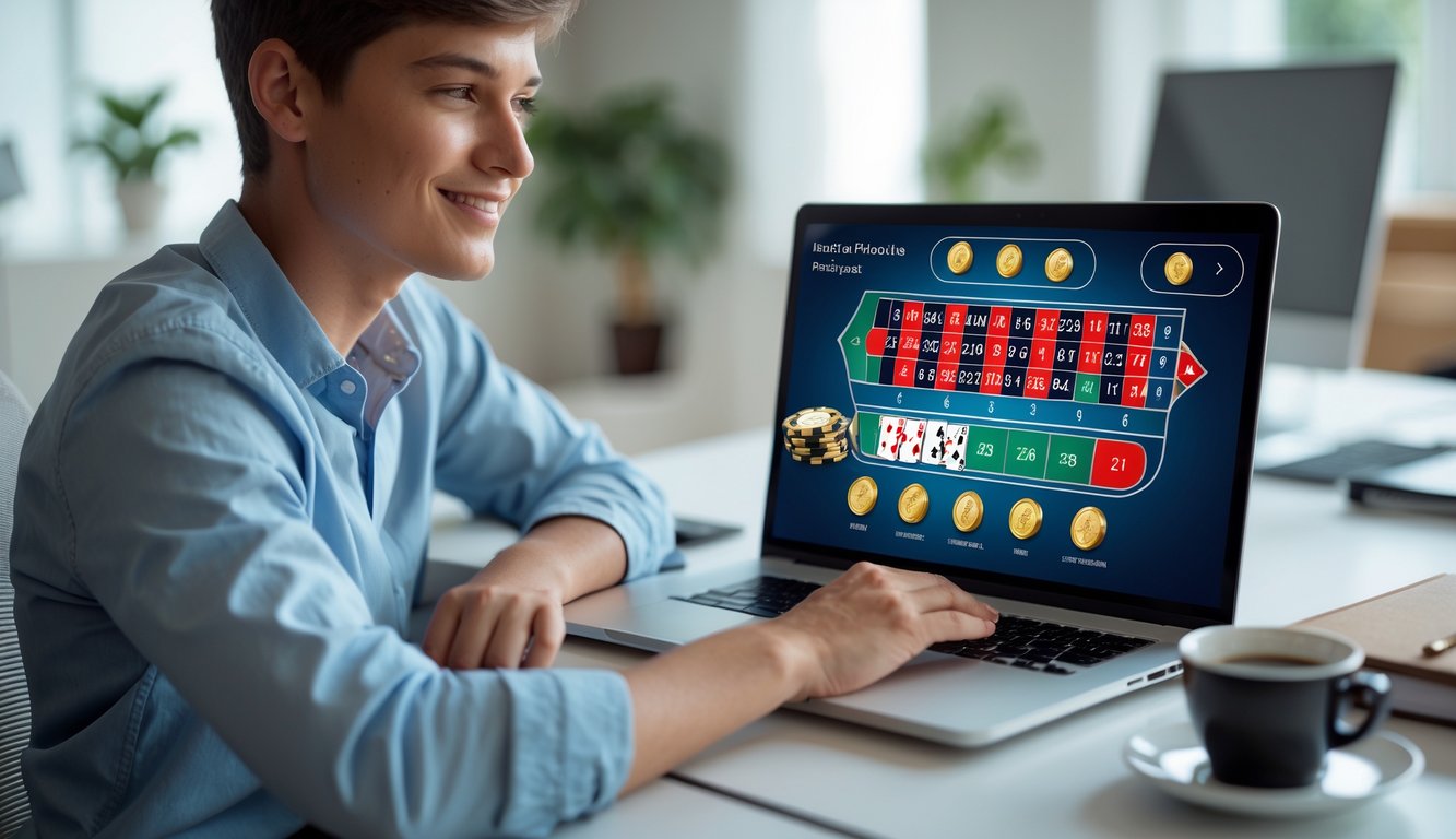 Seorang pemula bermain roulette online di depan laptop di ruang kerja rumah dengan suasana terang dan rapi.
