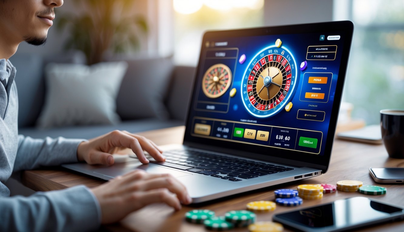 Seorang pemula bermain roulette online di laptop dengan ekspresi fokus dan suasana ruang tamu yang nyaman.