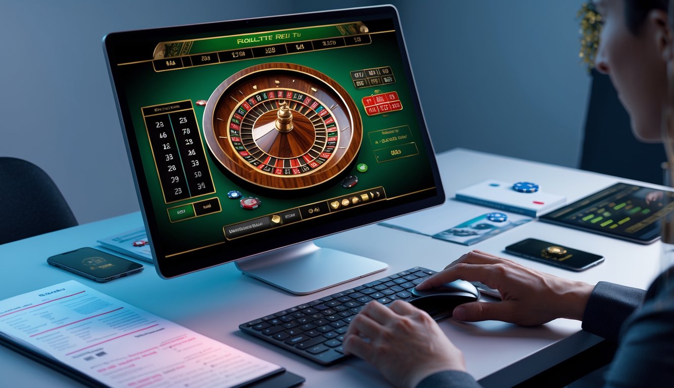 Seseorang bermain roulette online di depan komputer dengan layar menampilkan roda roulette dan antarmuka taruhan.