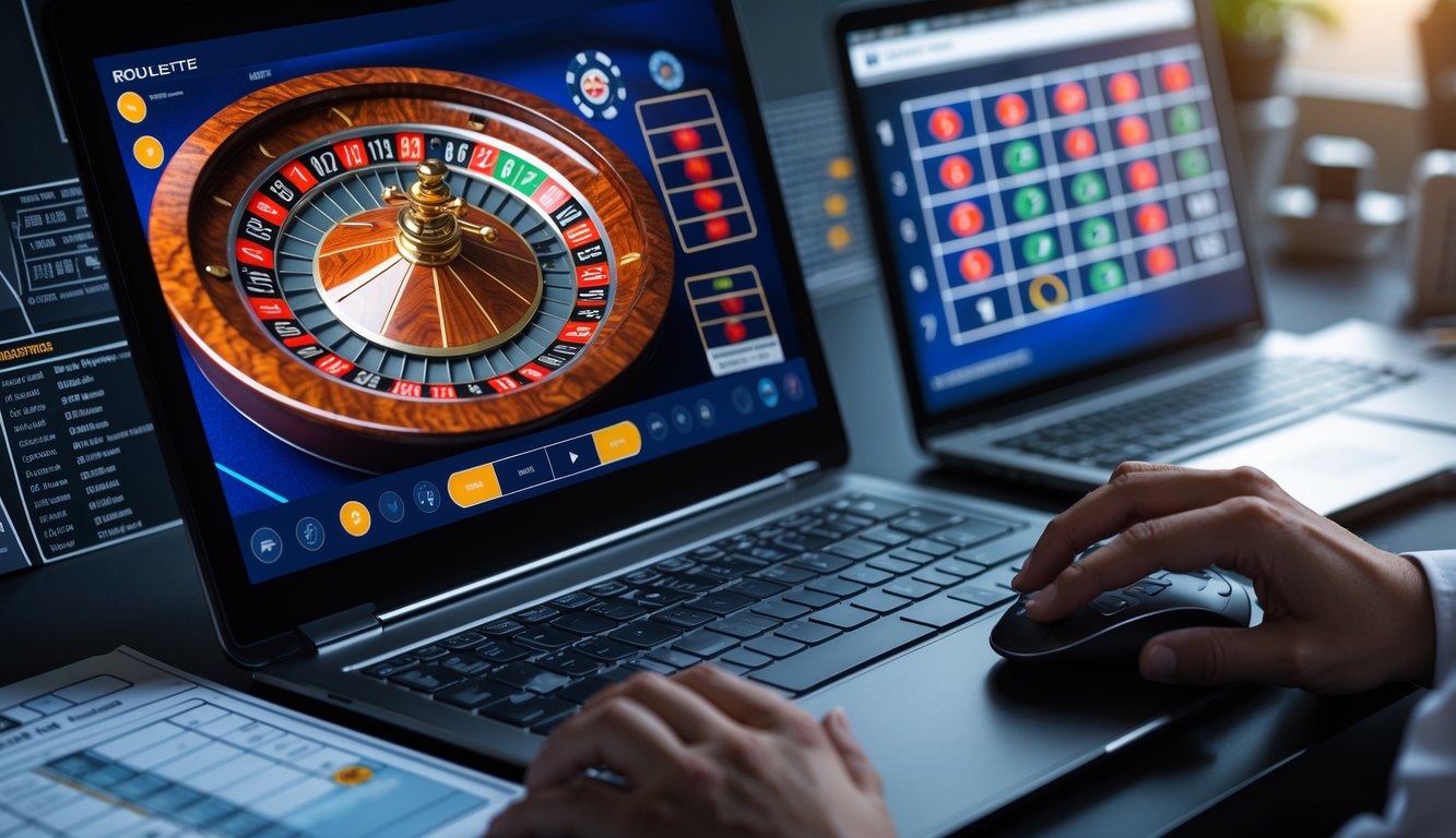 Seorang pemain sedang menggunakan komputer dengan tampilan roda roulette digital yang berputar, di meja kerja modern dengan suasana fokus dan strategi.
