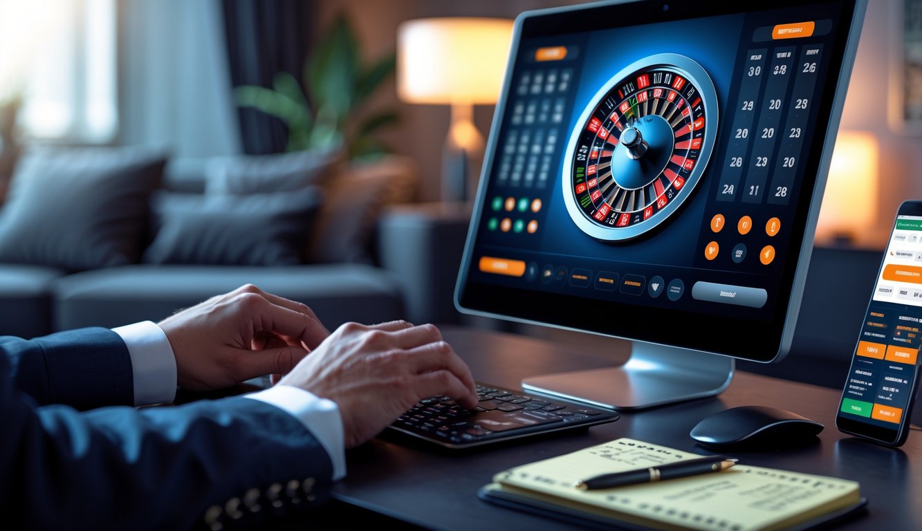 Tangan seseorang bermain roulette online di depan layar komputer dengan roda roulette digital dan alat tulis di meja.