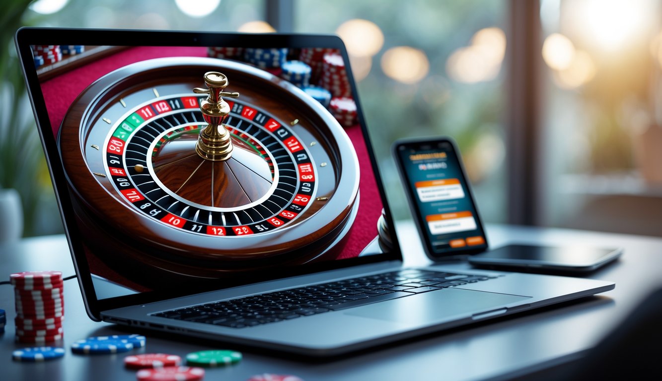 Sebuah komputer dengan layar menampilkan roda roulette yang sedang berputar, dikelilingi oleh chip taruhan digital dan ponsel dengan aplikasi taruhan, di atas meja kerja yang rapi.
