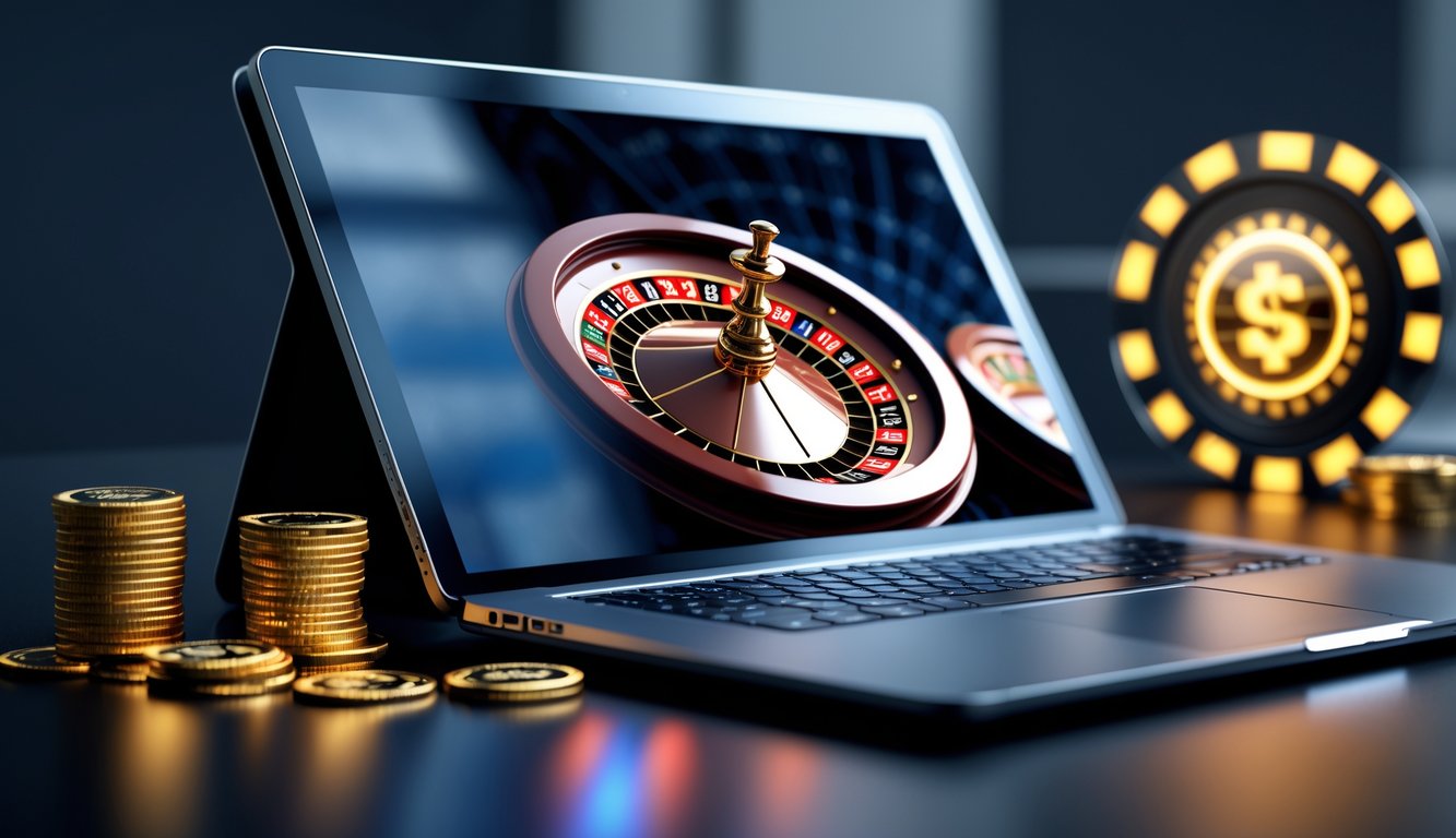 Tampilan komputer dengan permainan roulette online yang menampilkan roda roulette digital dan chip taruhan di meja.