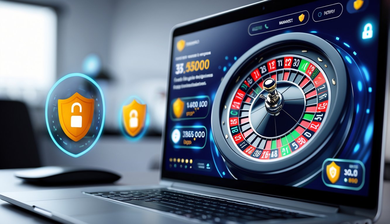 Seorang pengguna sedang bermain roulette online yang aman dan terpercaya di depan komputer dengan tampilan roda roulette digital dan simbol keamanan di latar belakang.