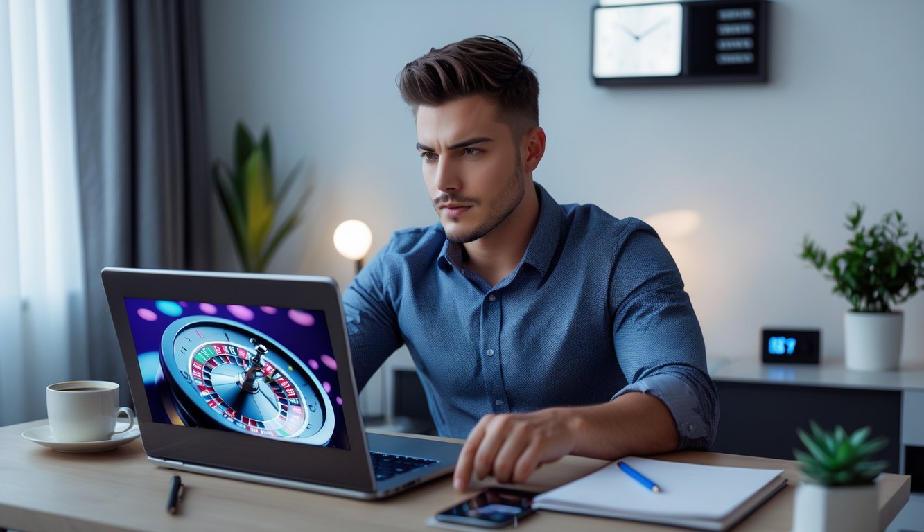 Seorang pria muda fokus bermain roulette online di laptop di ruang kerja rumah yang rapi dan terang.