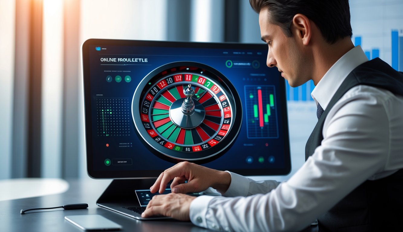 Seorang profesional sedang bermain roulette online dengan layar komputer yang menampilkan roda roulette digital.