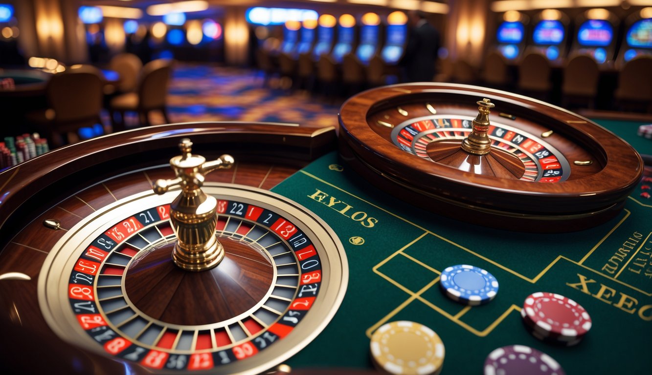 Dua roda roulette berdampingan di meja kasino, satu dengan satu nol dan satu lagi dengan nol ganda, menunjukkan perbedaan antara roulette Eropa dan Amerika.