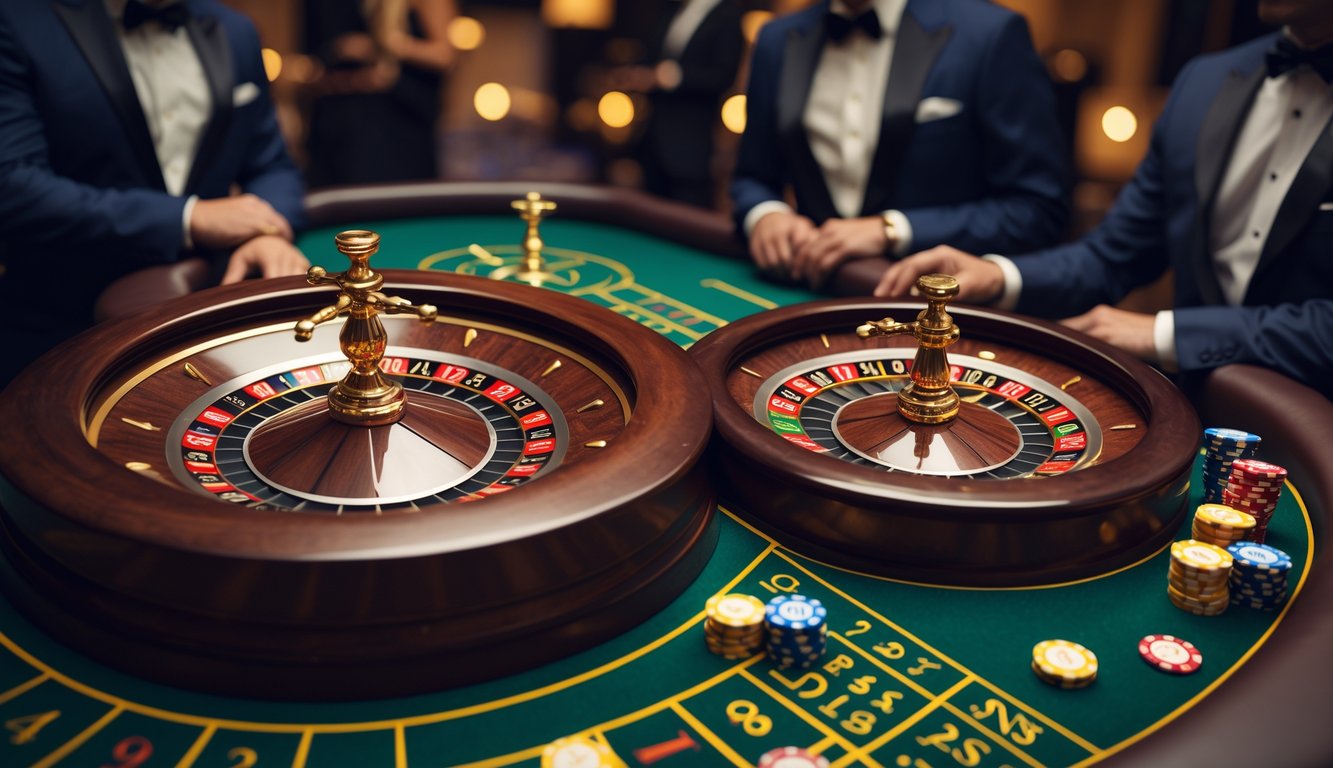 Dua roda roulette di kasino, satu dengan satu nol dan satu dengan nol tunggal dan nol ganda, dengan meja hijau dan pemain di latar belakang.