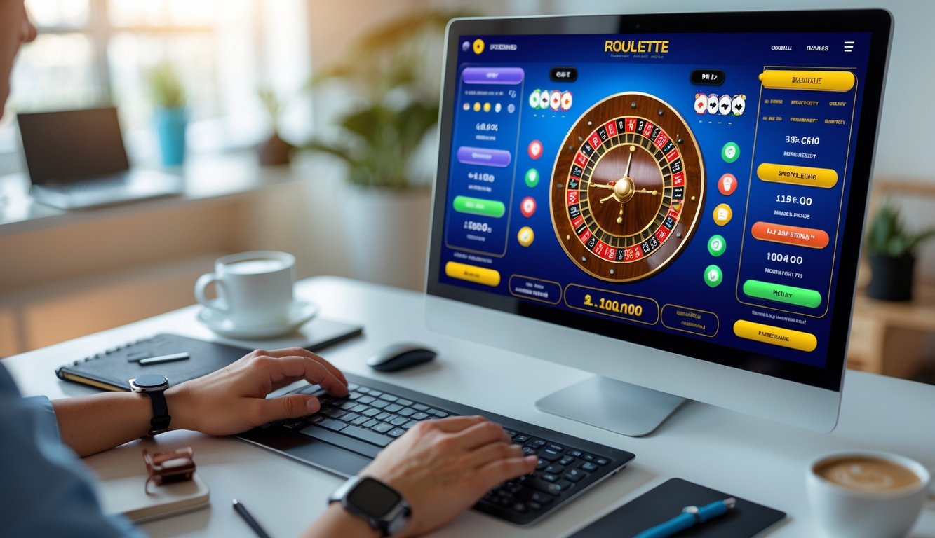 Seorang pemain pemula sedang menggunakan komputer dengan permainan roulette online yang terlihat di layar, di meja terdapat buku catatan dan secangkir kopi.