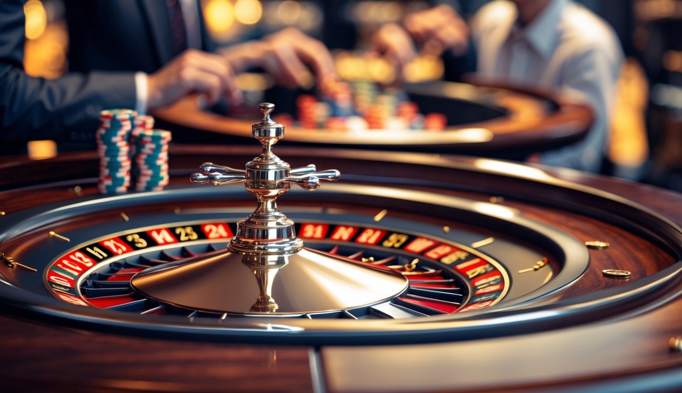 Meja roulette dengan roda berwarna merah dan hitam, bola logam mengkilap, dan permukaan kayu yang halus di dalam suasana kasino.