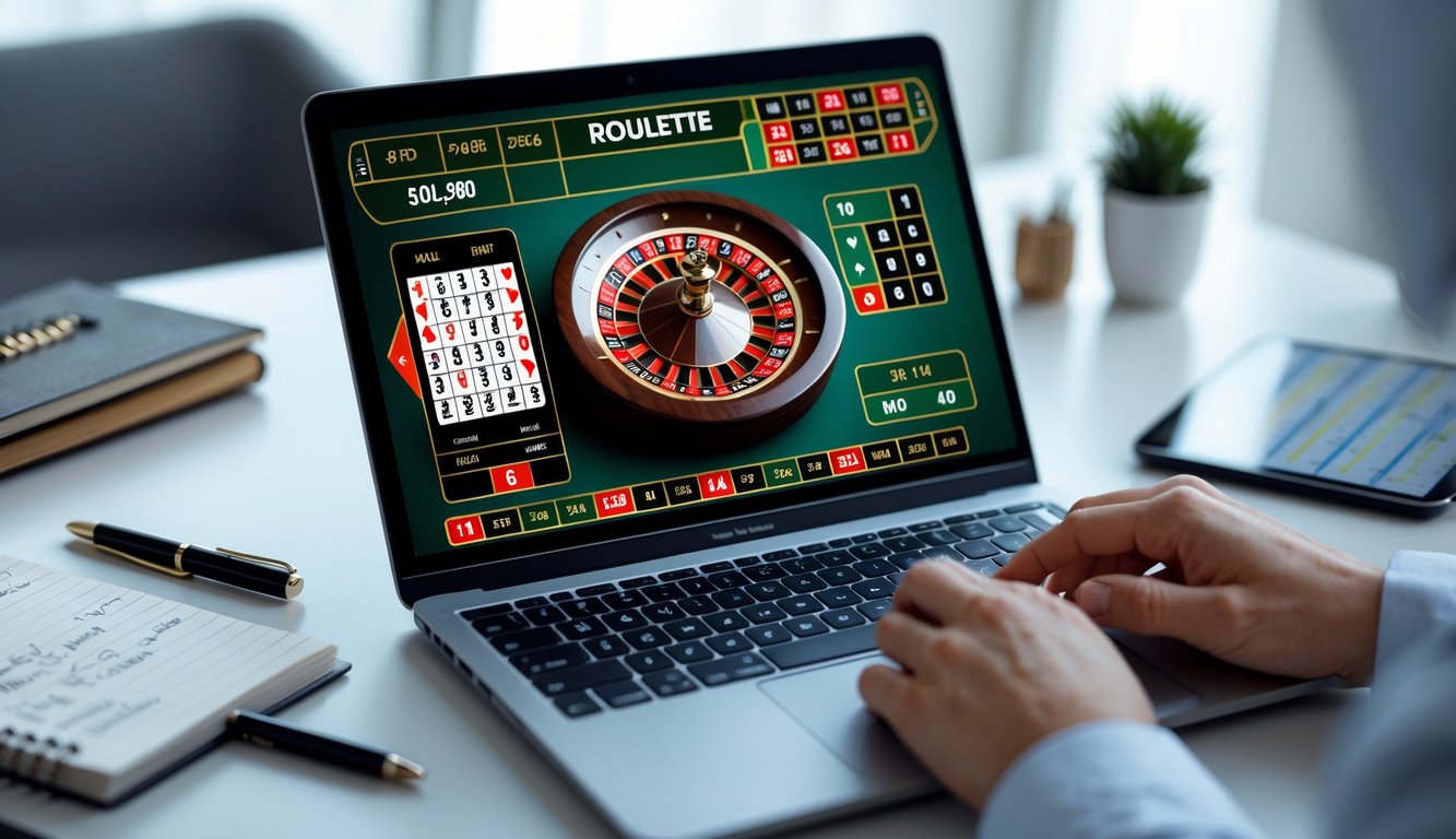 Tampilan layar laptop dengan permainan roulette online, tangan pengguna sedang berinteraksi dengan perangkat, di atas meja kerja dengan catatan dan ponsel di sekitarnya.