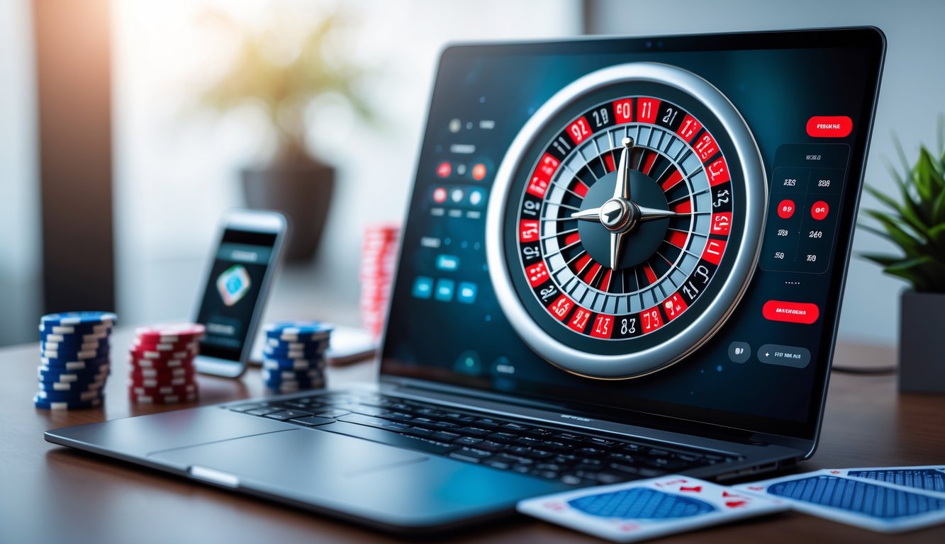 Sebuah layar komputer menampilkan permainan roulette online dengan roda roulette digital dan chip poker di sekitarnya.