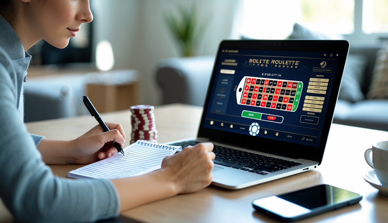 Seseorang sedang duduk di depan laptop yang menampilkan permainan roulette online, sambil mencatat dan menggunakan kalkulator untuk mengelola modal dengan tenang.