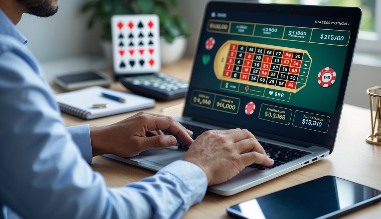 Seseorang sedang mengelola keuangan sambil bermain roulette online di laptop di ruang kerja rumah.
