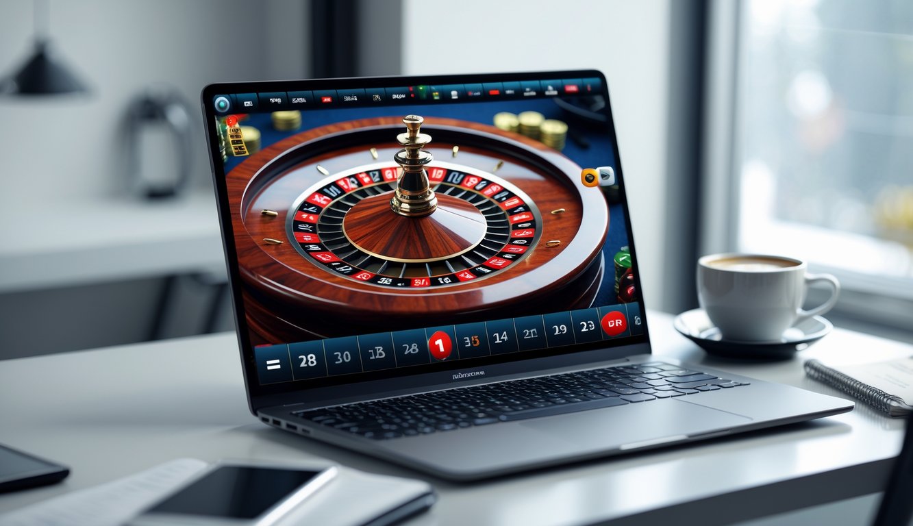 Seorang pengguna sedang melihat permainan roulette online realistis di layar laptop di atas meja kerja.