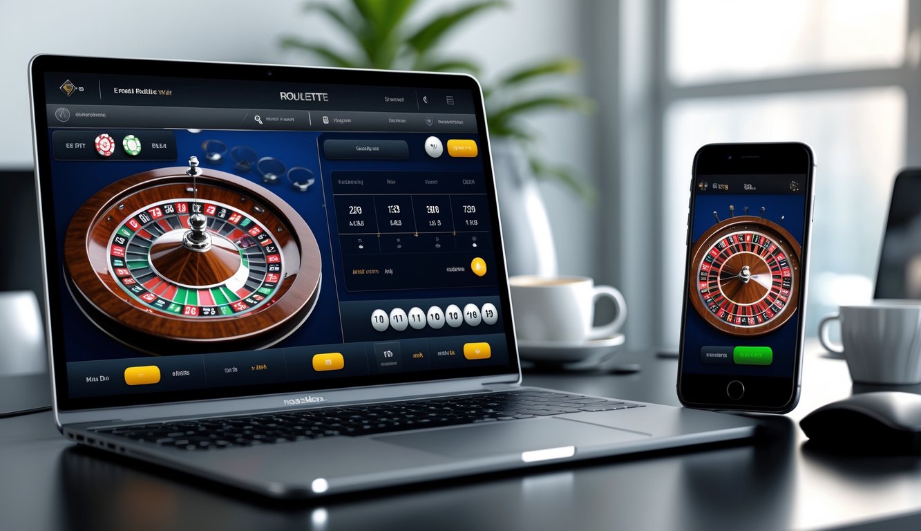 Tampilan antarmuka aplikasi roulette online yang realistis di layar laptop dan ponsel di atas meja kerja bersih dengan perlengkapan teknologi.