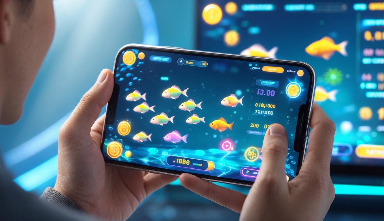 Seseorang memegang ponsel yang menampilkan permainan tembak ikan online dengan ikan warna-warni dan ikon jackpot di layar.