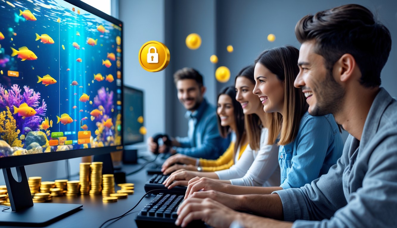 Beberapa orang muda sedang bermain game tembak ikan online di depan komputer dengan latar bawah laut penuh ikan warna-warni dan elemen jackpot besar.