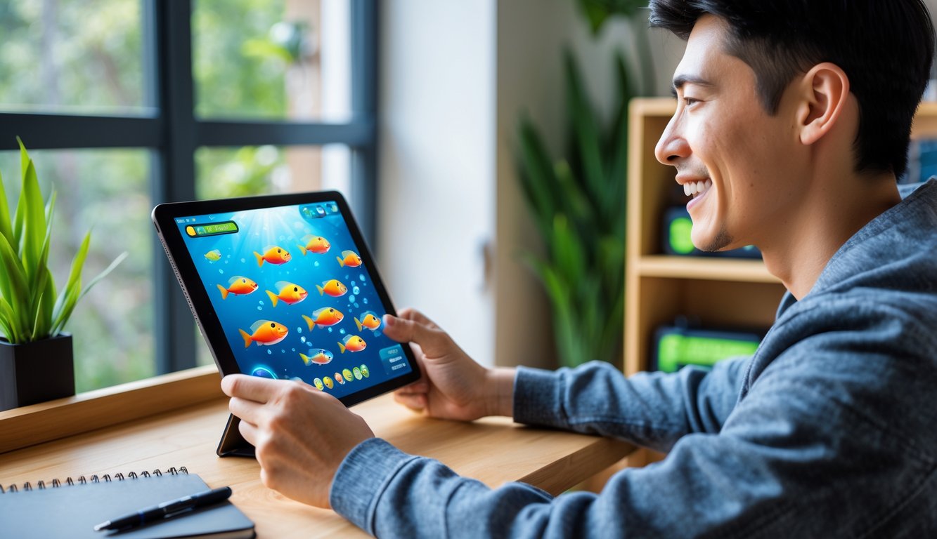 Seorang pemula sedang bermain game tembak ikan di tablet dengan ekspresi fokus dan senang di dalam ruangan yang terang dan nyaman.