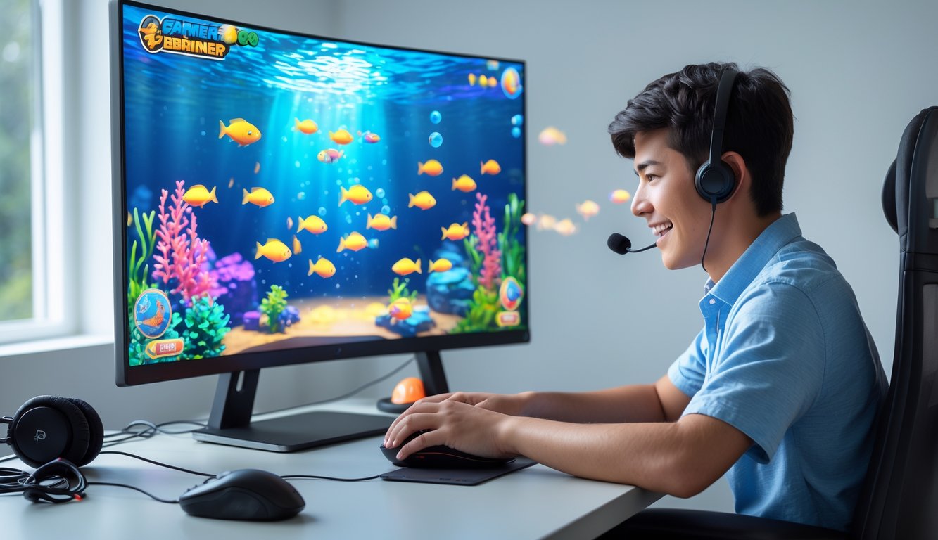 Seorang pria muda sedang bermain game tembak ikan di komputer dengan latar ruangan yang terang dan rapi.