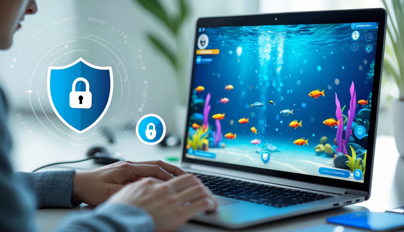Orang sedang bermain game tembak ikan online di komputer dengan latar belakang grafis ikan berwarna-warni di layar.