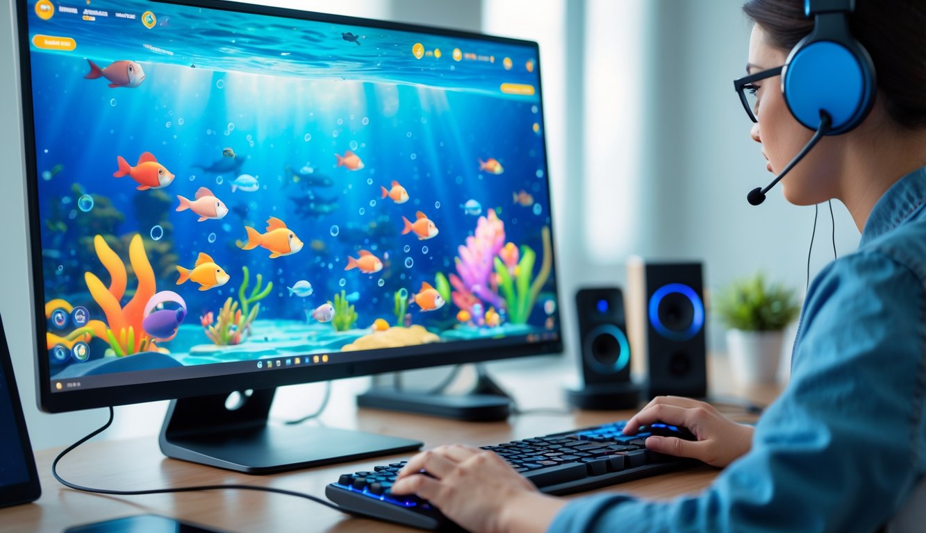 Seseorang bermain game tembak ikan online di komputer dengan tampilan layar penuh warna dan suasana ruang kerja yang rapi.
