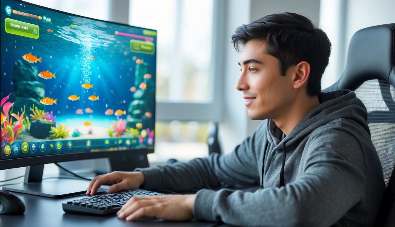 Seorang pria muda sedang bermain game tembak ikan di komputer dengan ekspresi fokus di sebuah meja kerja yang rapi.