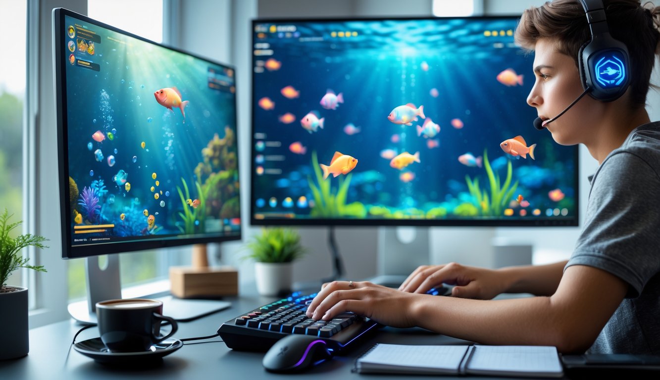 Seorang pemuda fokus bermain game tembak ikan di komputer dengan layar menampilkan grafik ikan berwarna-warni di bawah laut.