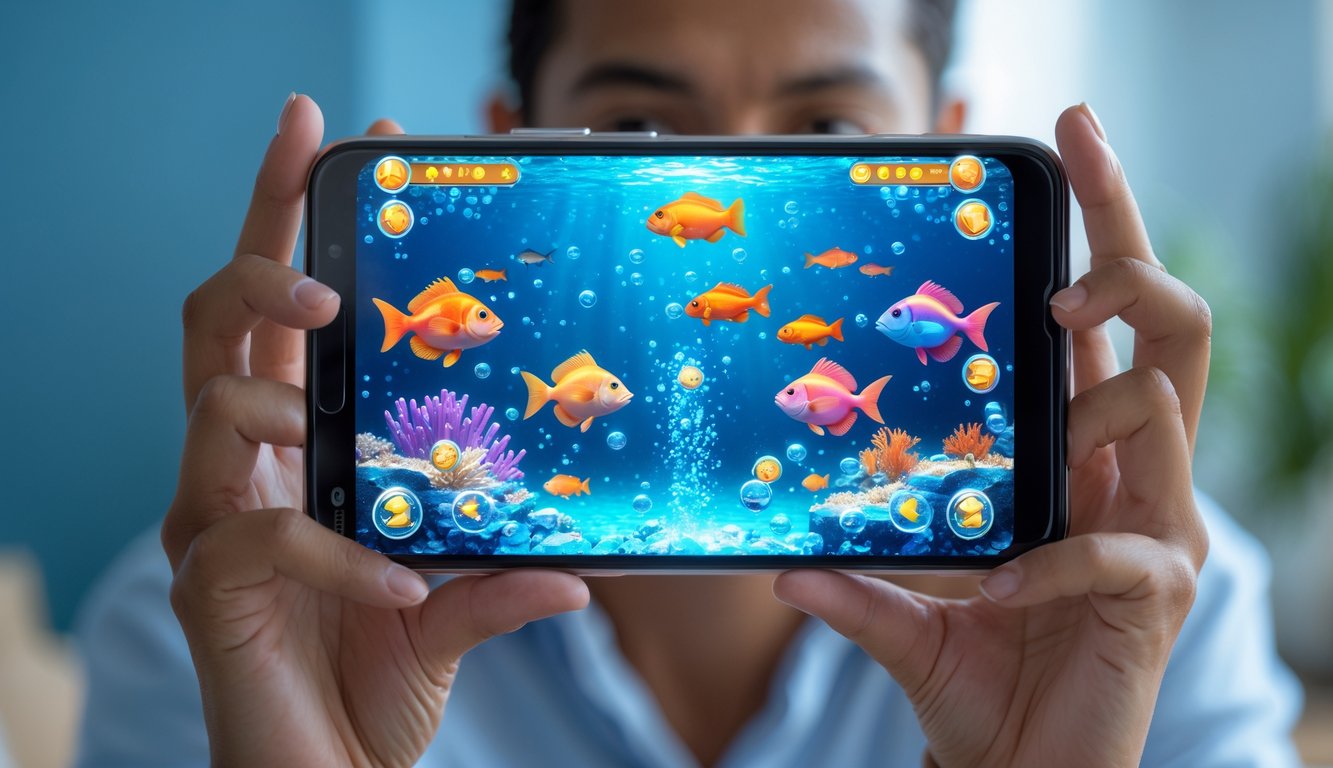 Seseorang memegang ponsel yang menampilkan permainan tembak ikan dengan grafis warna-warni dan ikon bonus di layar.