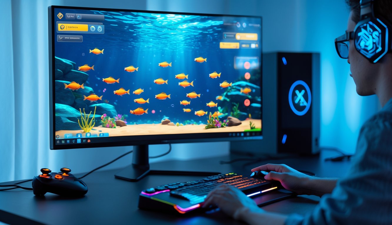 Seorang pemain sedang bermain game tembak ikan di komputer dengan layar menampilkan ikan-ikan berwarna-warni di bawah air.