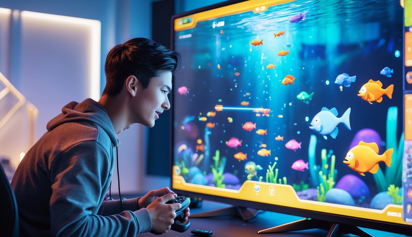 Seorang pemain muda sedang fokus bermain game menembak ikan di layar berwarna-warni dengan berbagai ikan animasi di latar belakang bawah laut.