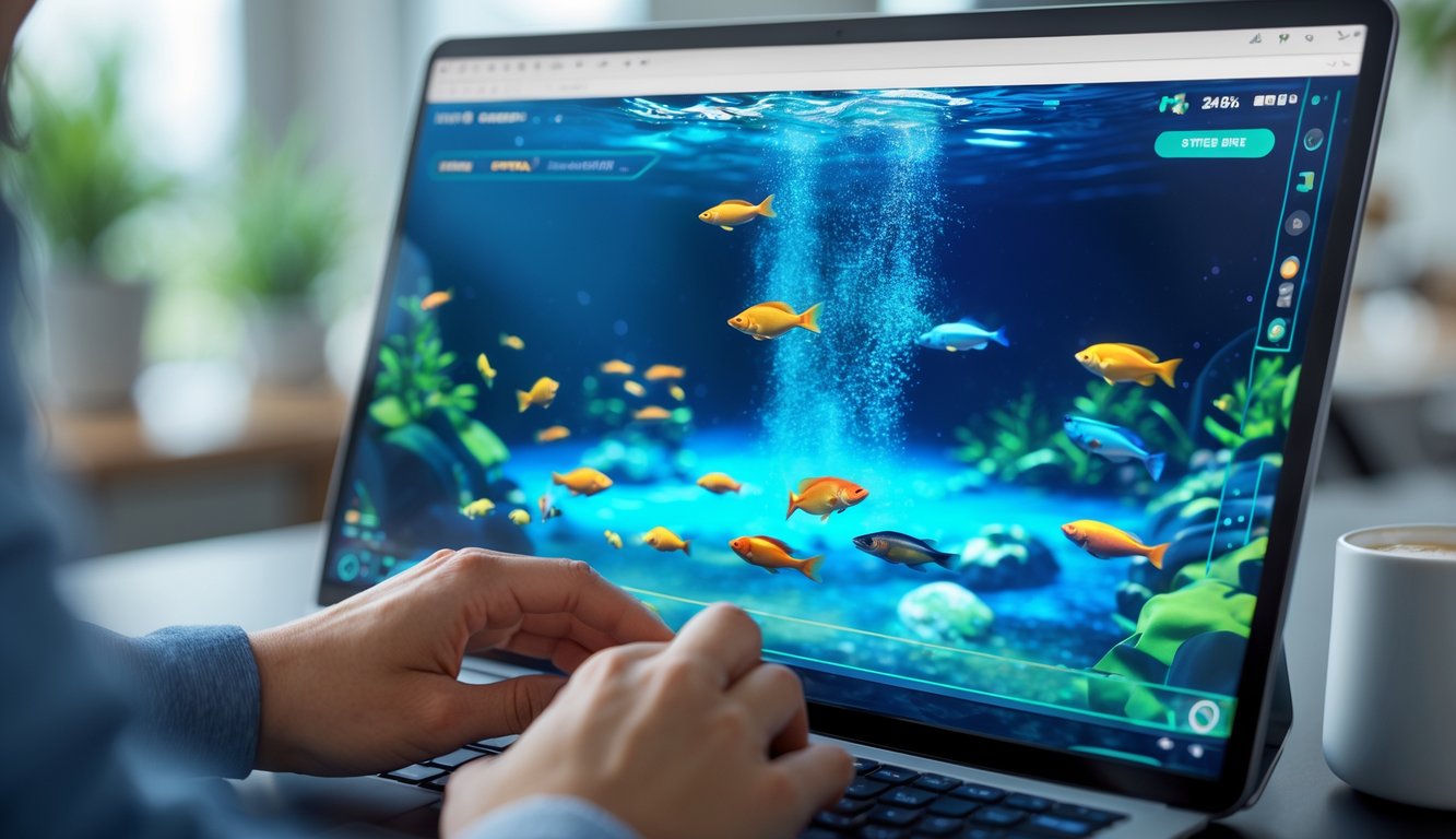 Seseorang sedang bermain game menembak ikan di layar komputer dengan latar belakang ruangan modern.