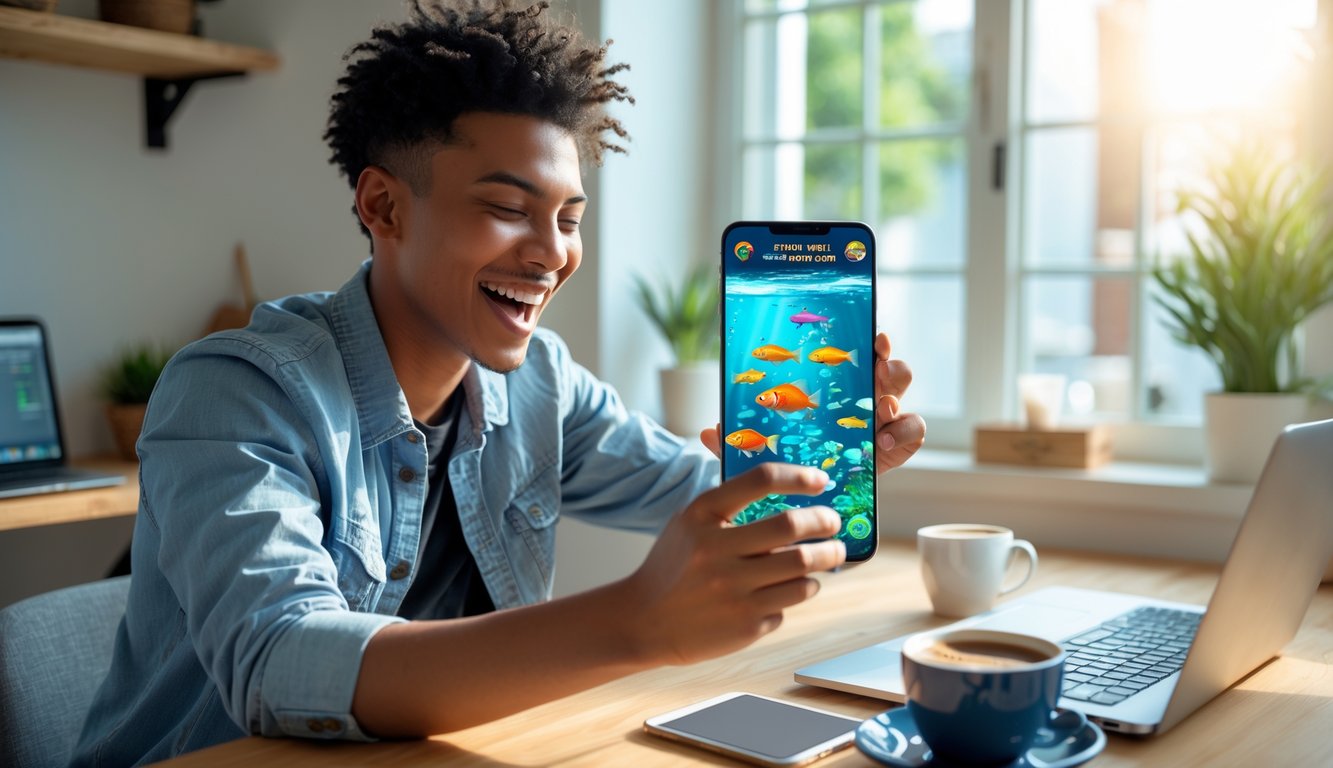 Seorang dewasa muda sedang asyik bermain game tembak ikan online di ponsel di dalam ruangan yang terang dan nyaman.