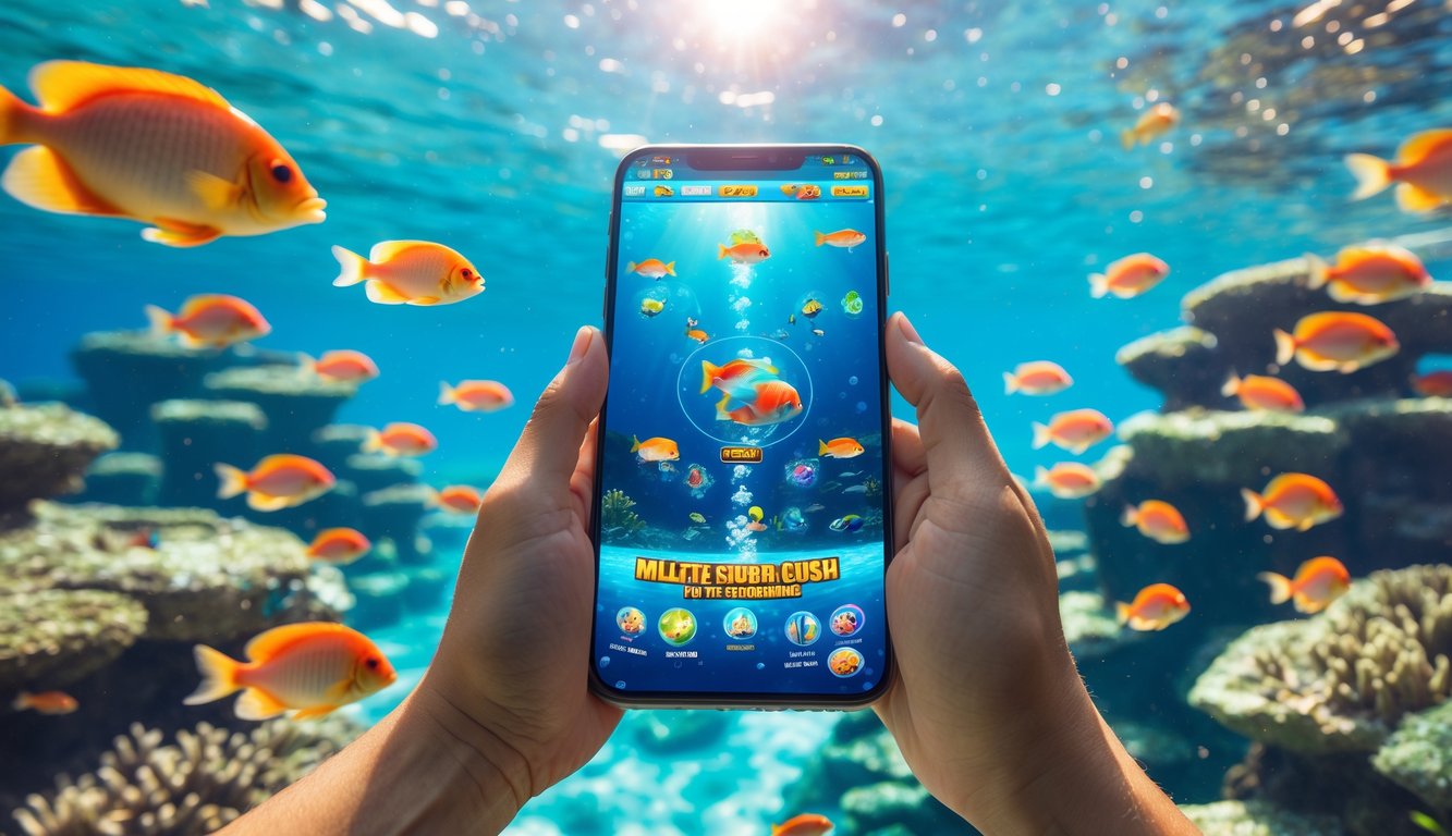 Beberapa tangan memegang ponsel dengan permainan menembak ikan di layar, latar belakang terumbu karang dan ikan berwarna-warni di bawah air.