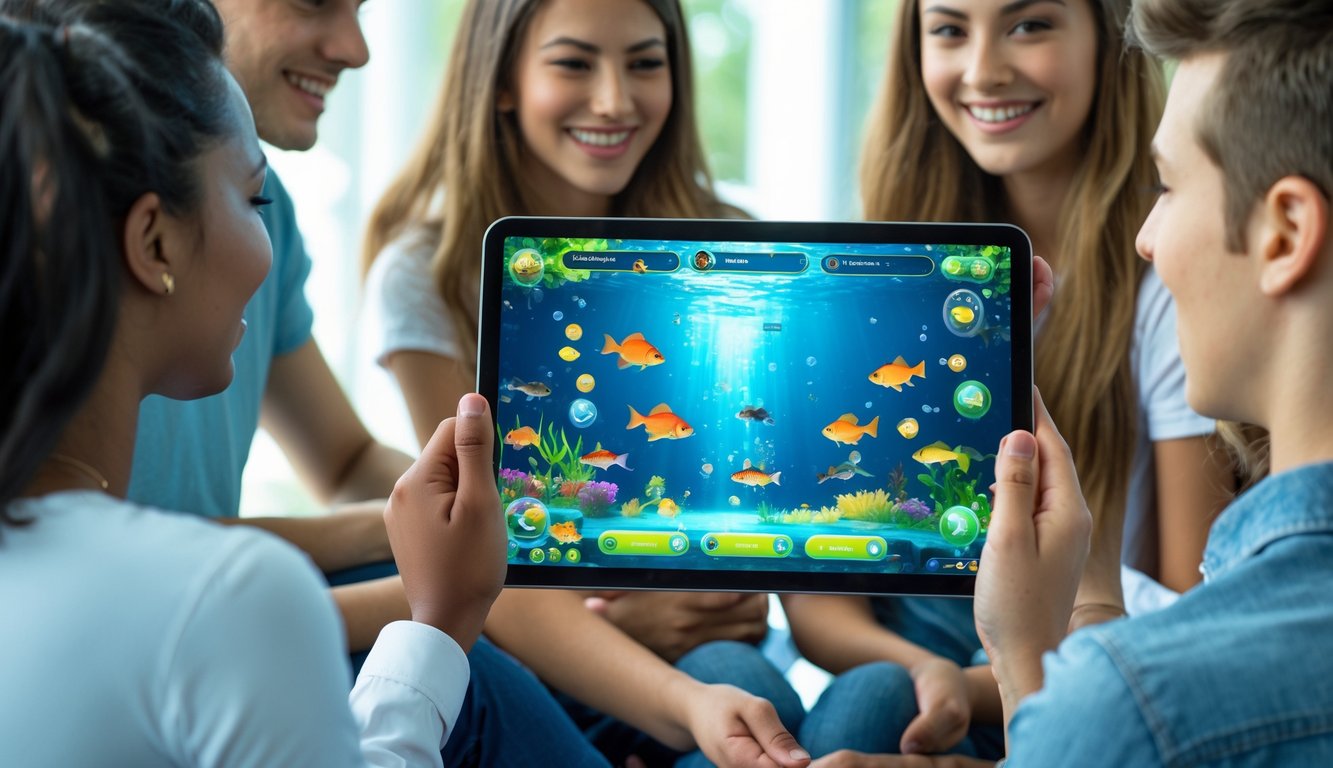 Sekelompok orang muda bermain game tembak ikan multiplayer di tablet dengan latar bawah laut penuh ikan berwarna-warni.