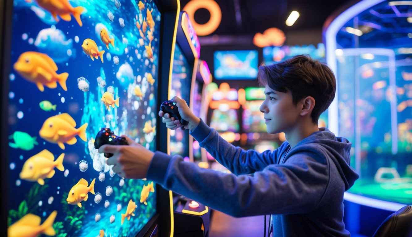 Seorang dewasa muda sedang bermain permainan tembak ikan di pusat permainan dengan layar digital penuh ikan warna-warni.