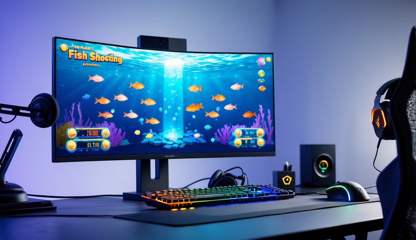Sebuah setup komputer dengan permainan tembak ikan yang menampilkan ikan berwarna-warni dan indikator jackpot di layar.