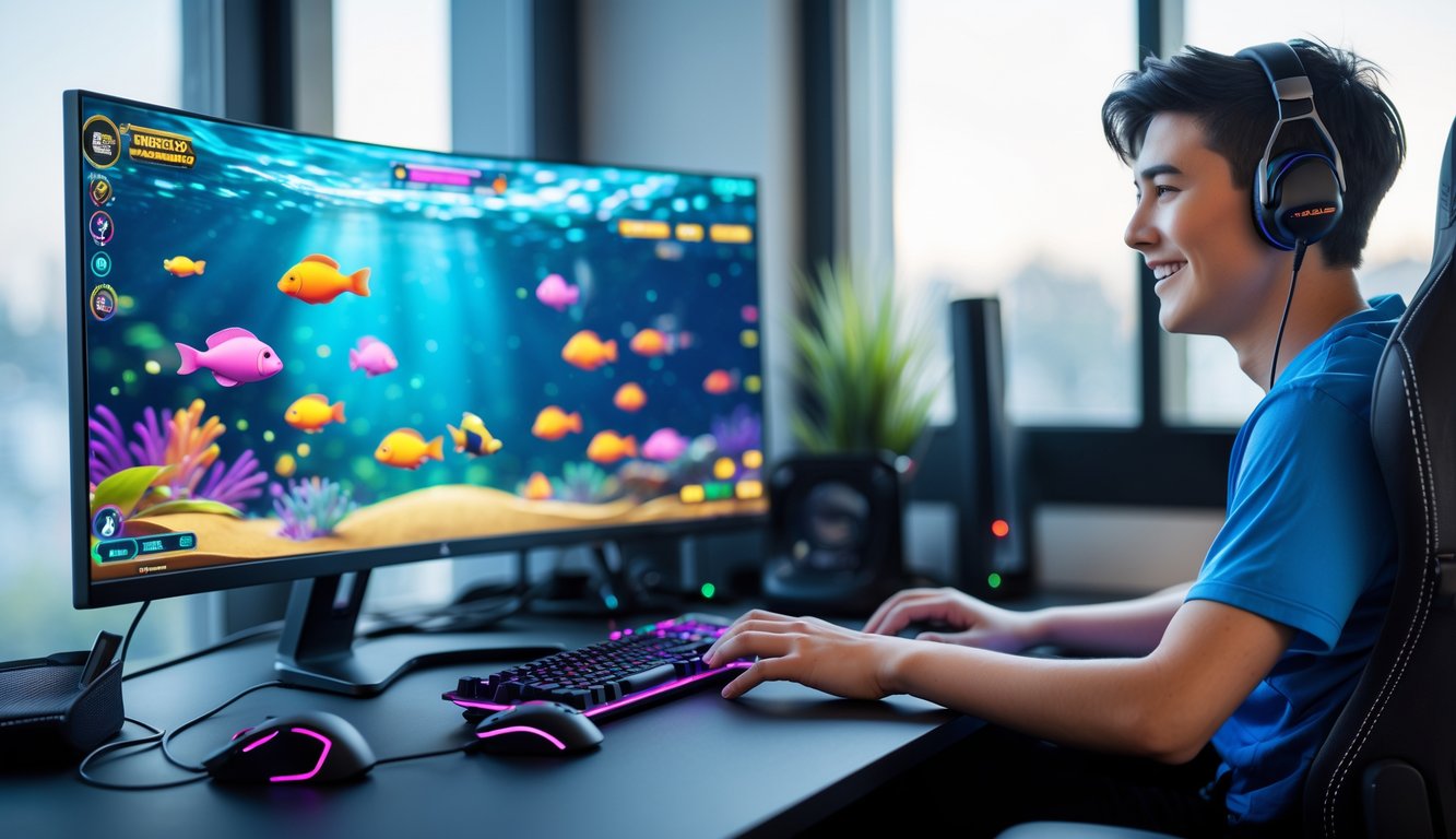 Seseorang sedang bermain game tembak ikan di komputer desktop di ruang kerja dengan pencahayaan alami.