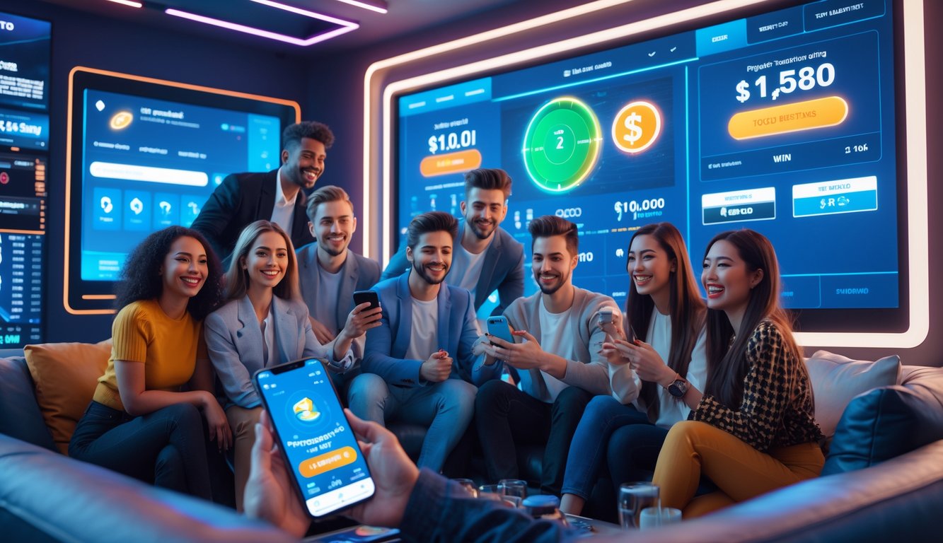 Sekelompok orang muda yang sedang menggunakan aplikasi taruhan olahraga secara online dengan suasana ceria dan modern.