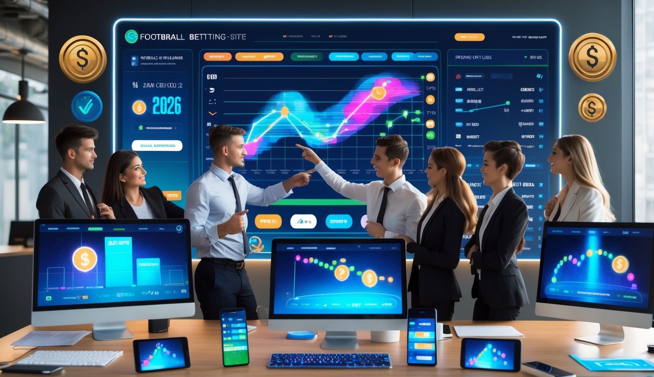 Sekelompok profesional muda sedang berdiskusi di kantor modern dengan layar digital menampilkan grafik dan peluang taruhan sepak bola.