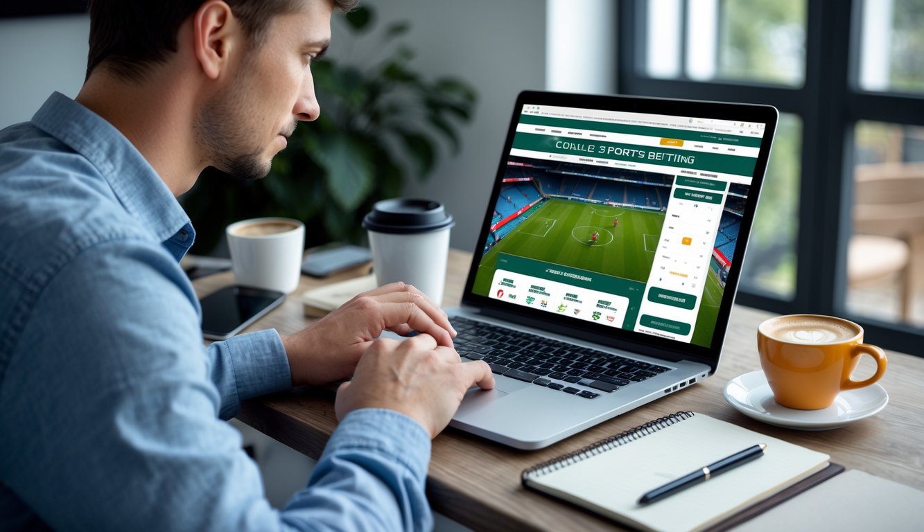 Seorang pemula memilih platform taruhan bola online resmi yang aman dengan menggunakan laptop di ruang kerja rumah.