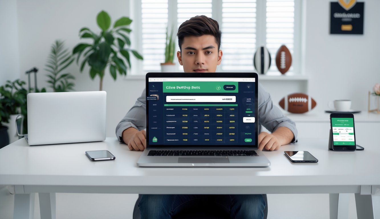 Seorang dewasa muda duduk di meja kerja dengan laptop yang menampilkan situs taruhan bola online, terlihat fokus dan percaya diri di ruang kerja yang terang dan rapi.