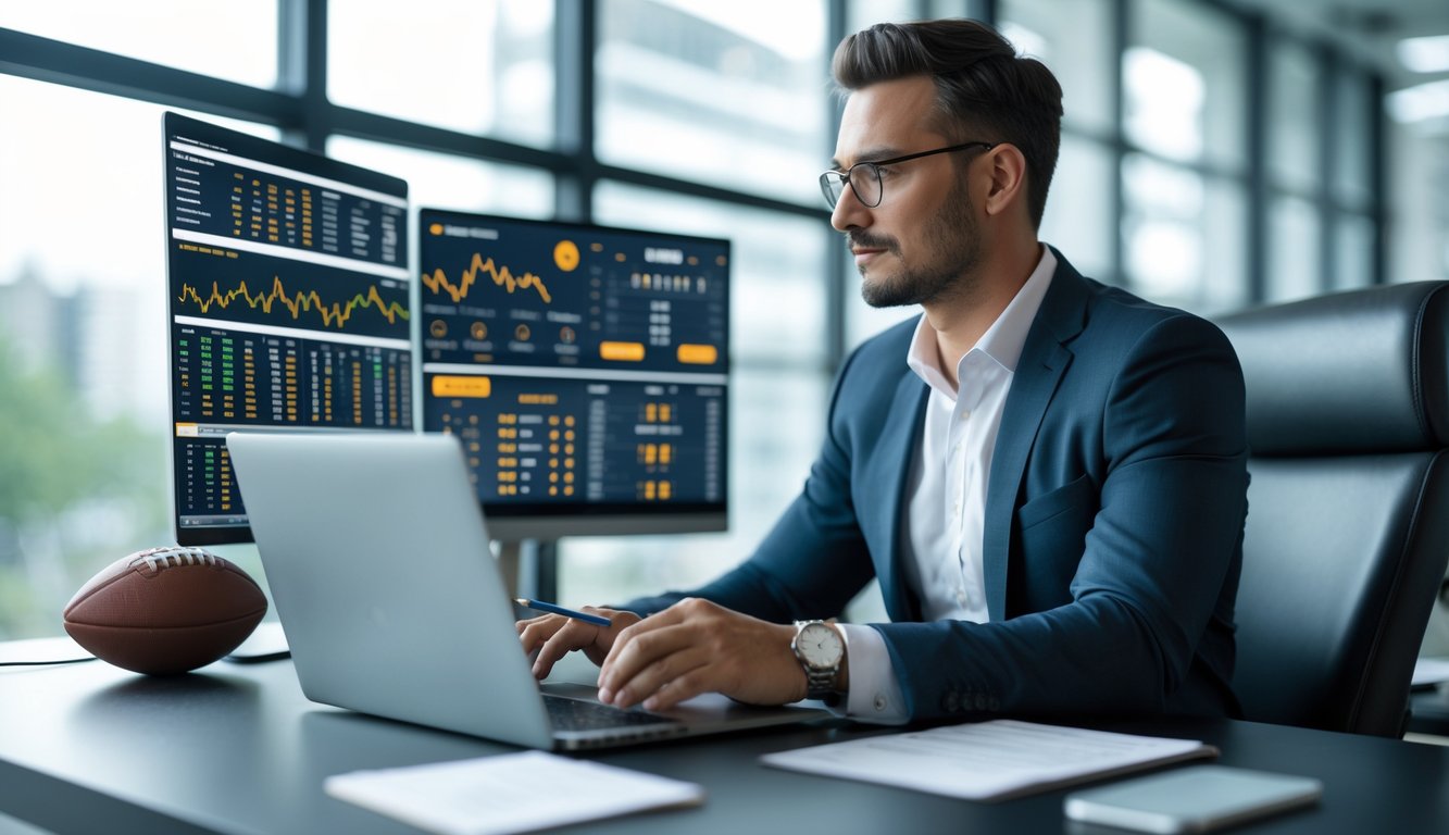 Seorang pria profesional sedang menganalisis data taruhan olahraga di kantor modern dengan layar komputer dan perangkat digital.