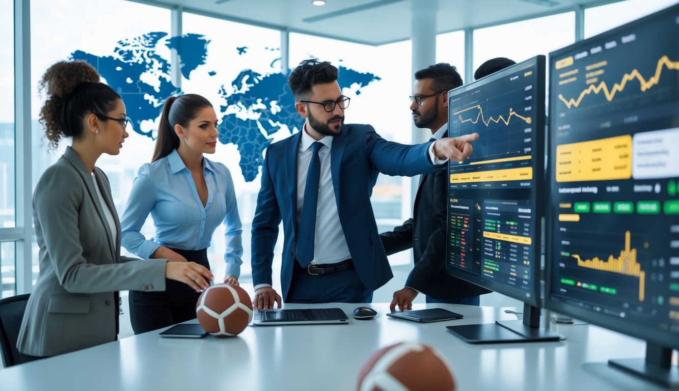 Sekelompok orang sedang menganalisis data taruhan bola di ruang kantor modern dengan layar digital besar yang menampilkan grafik dan statistik.