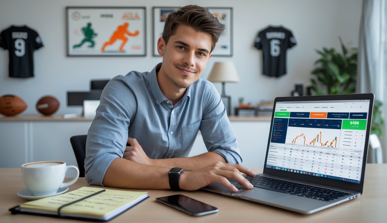 Seorang pria muda duduk di meja dengan laptop dan catatan, fokus melihat data taruhan olahraga online.