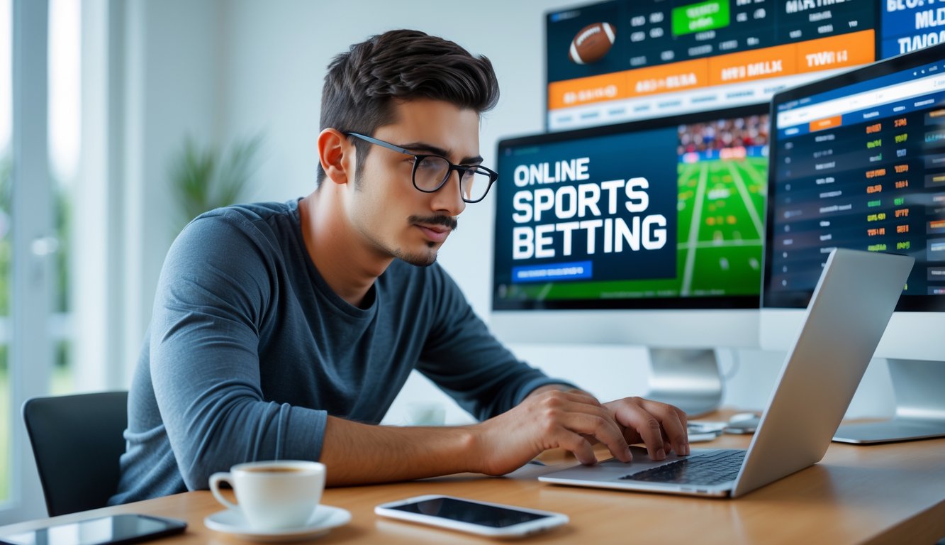 Seorang pria muda duduk di depan laptop, fokus melihat layar komputer dengan tampilan situs taruhan bola online, di meja terdapat kopi dan ponsel.