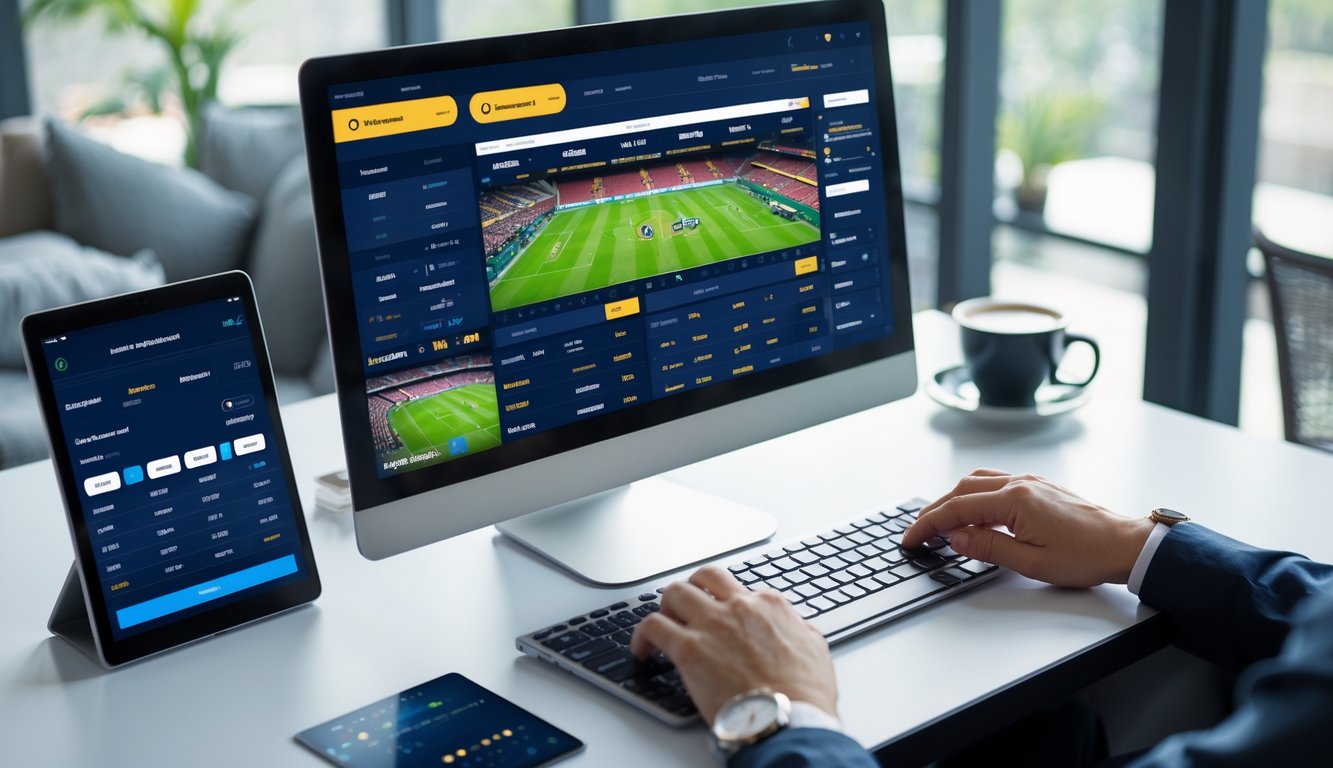 Seorang pengguna sedang menggunakan komputer dengan tampilan situs taruhan bola online, dikelilingi oleh ponsel dan cangkir kopi di meja kerja yang rapi.