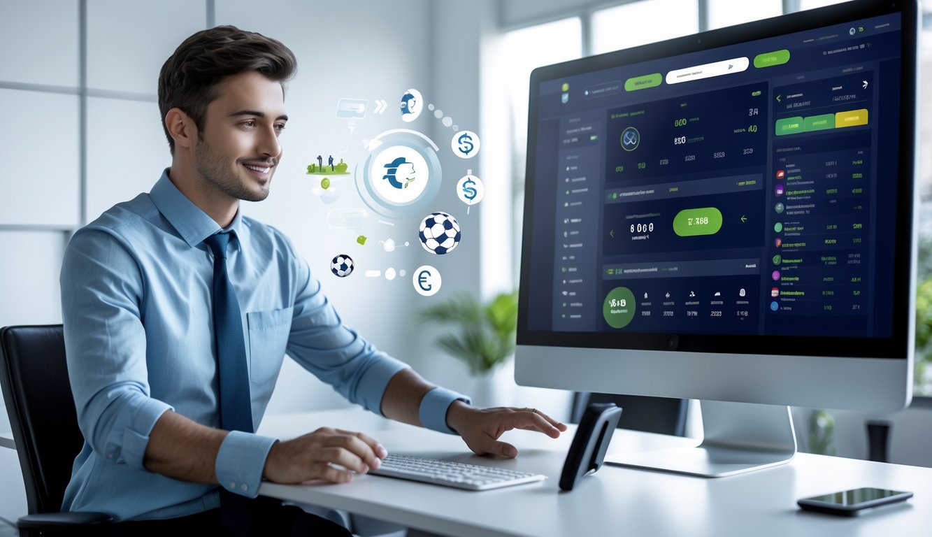 Seorang pria muda menggunakan layar sentuh komputer yang menampilkan antarmuka taruhan olahraga online di kantor modern.