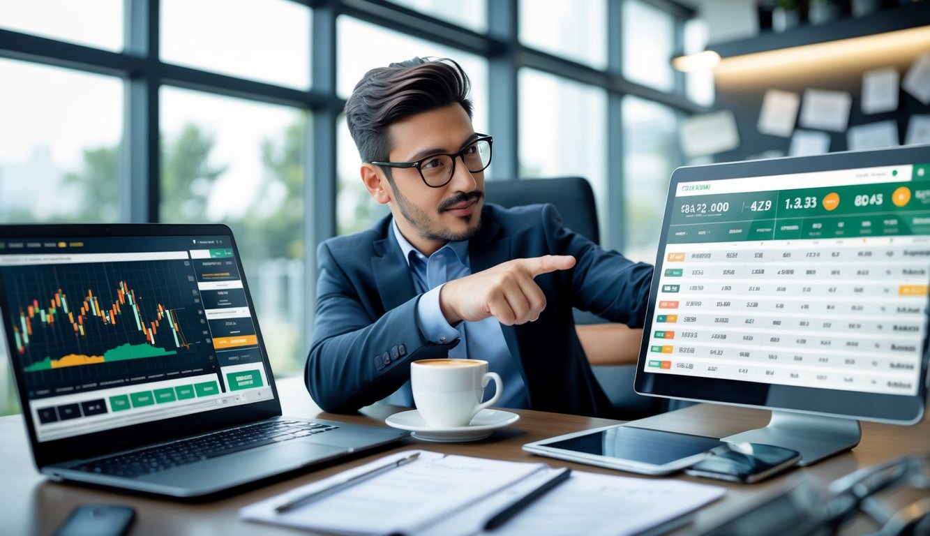 Seorang pria bisnis sedang menganalisis strategi taruhan bola di kantor modern dengan beberapa perangkat digital.